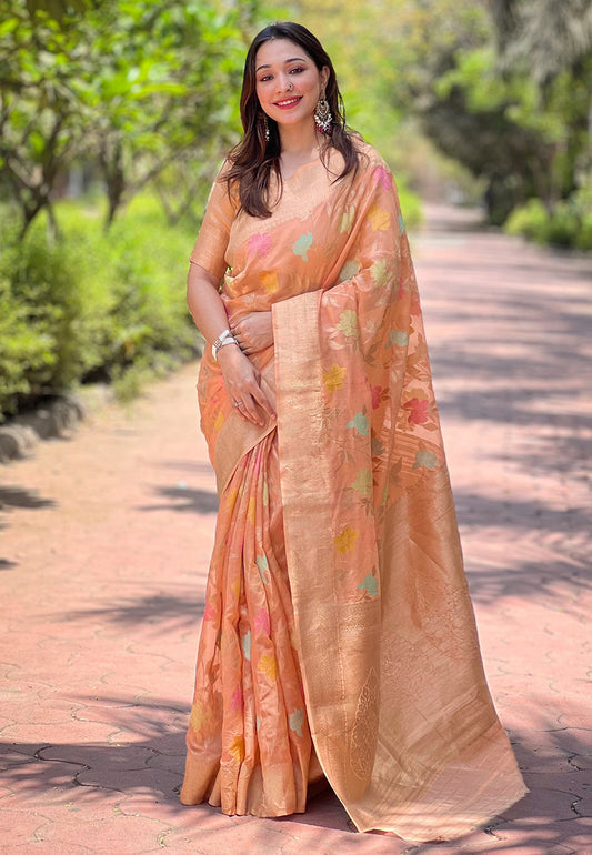 Peach Organza Meenakari Floral Jaal Zari Woven Saree