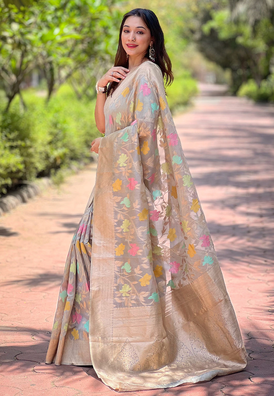 Grey Organza Meenakari Floral Jaal Zari Woven Saree