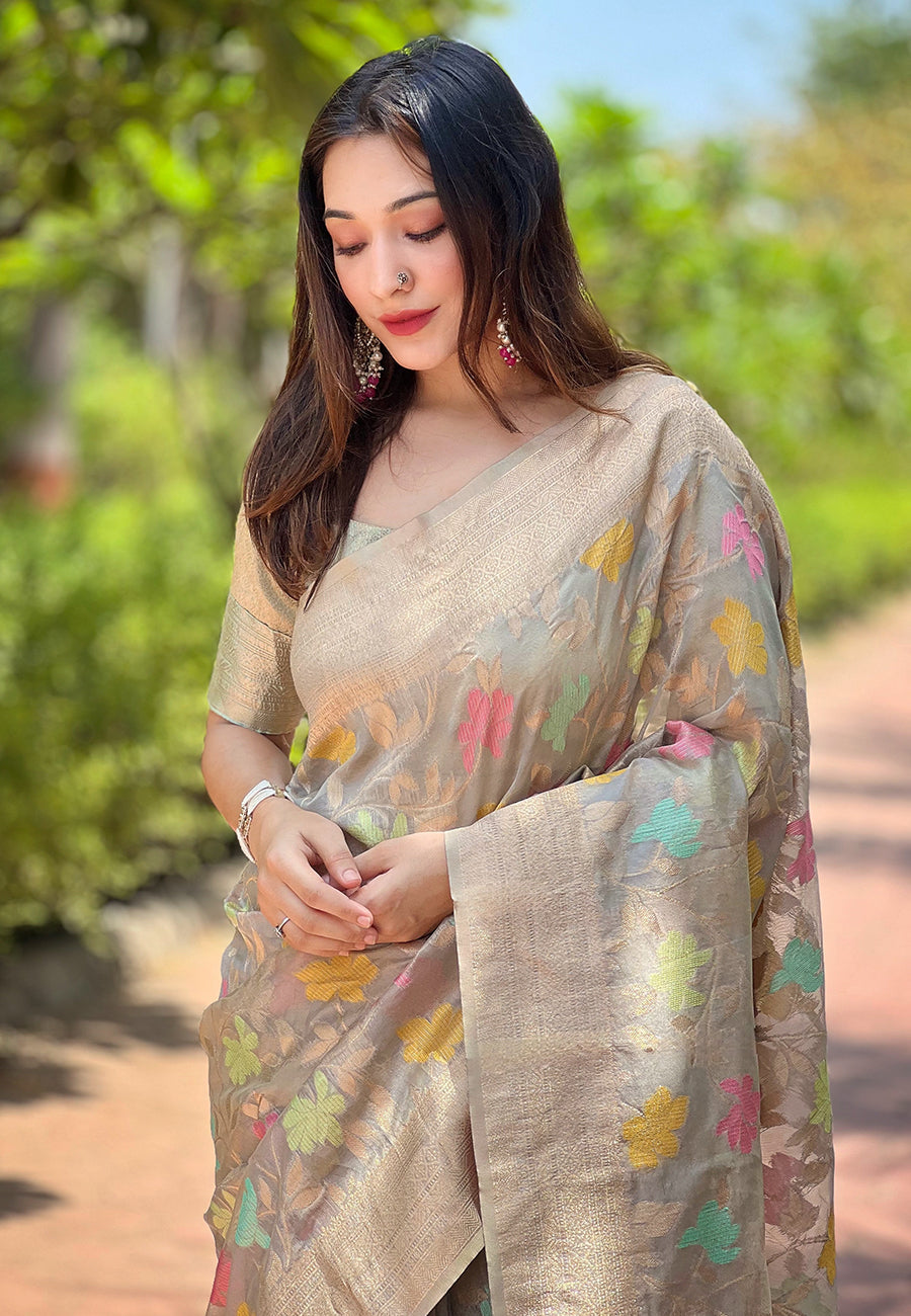 Grey Organza Meenakari Floral Jaal Zari Woven Saree