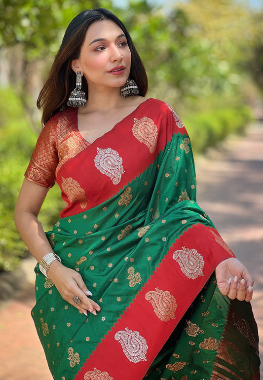 Green Soft Silk Contrast Zari Woven Saree
