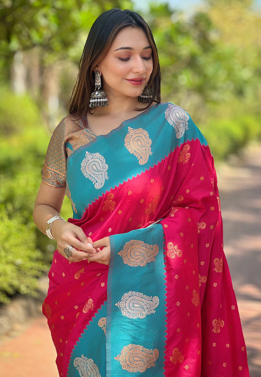 Pink Soft Silk Contrast Zari Woven Saree