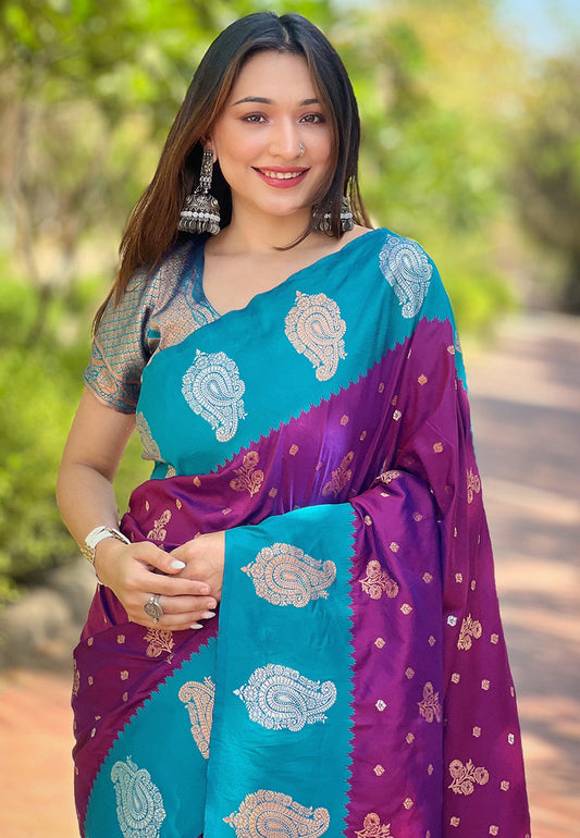 Purple Soft Silk Contrast Zari Woven Saree