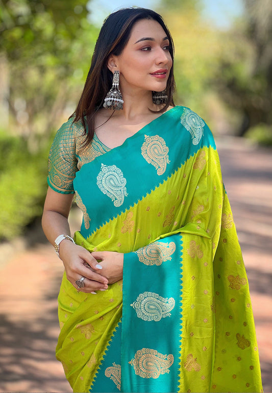 Parrot Green Soft Silk Contrast Zari Woven Saree