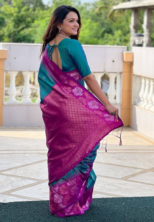 Green with Pink Soft Silk Floral Border Contrast Zari Woven Saree