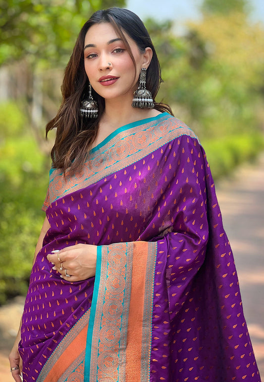 Purple Contrast 1000 Butti Zari Woven Paithani Silk Saree
