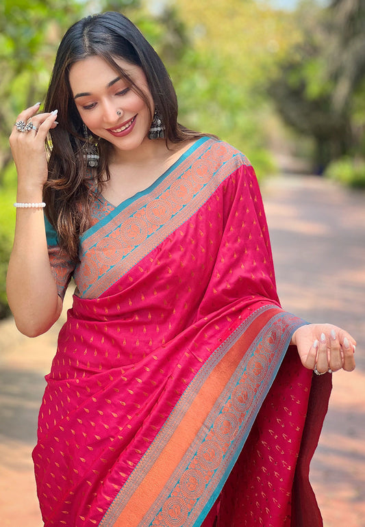 Pink Contrast 1000 Butti Zari Woven Paithani Silk Saree