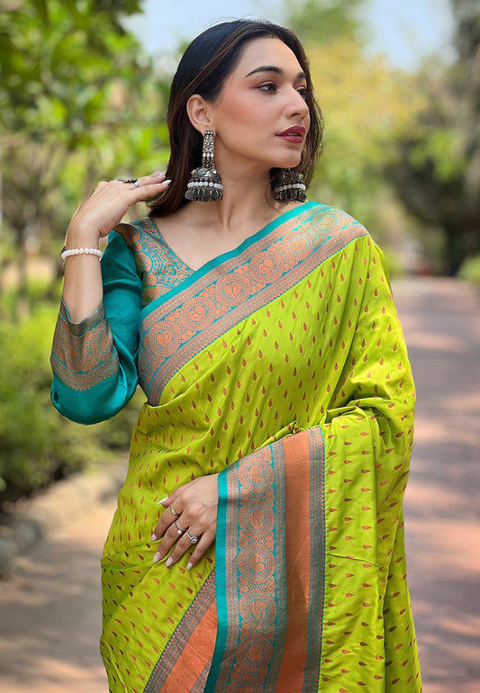 Parrot Green Contrast 1000 Butti Zari Woven Paithani Silk Saree