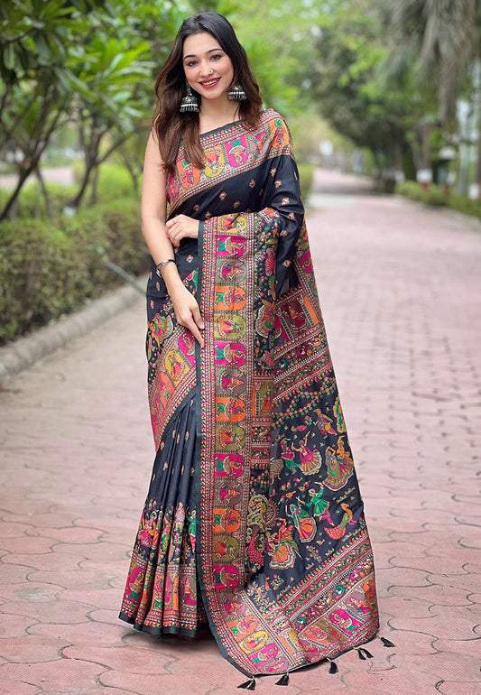 Jade Black Pahsmina Kashmiri Silk Zari Woven Saree