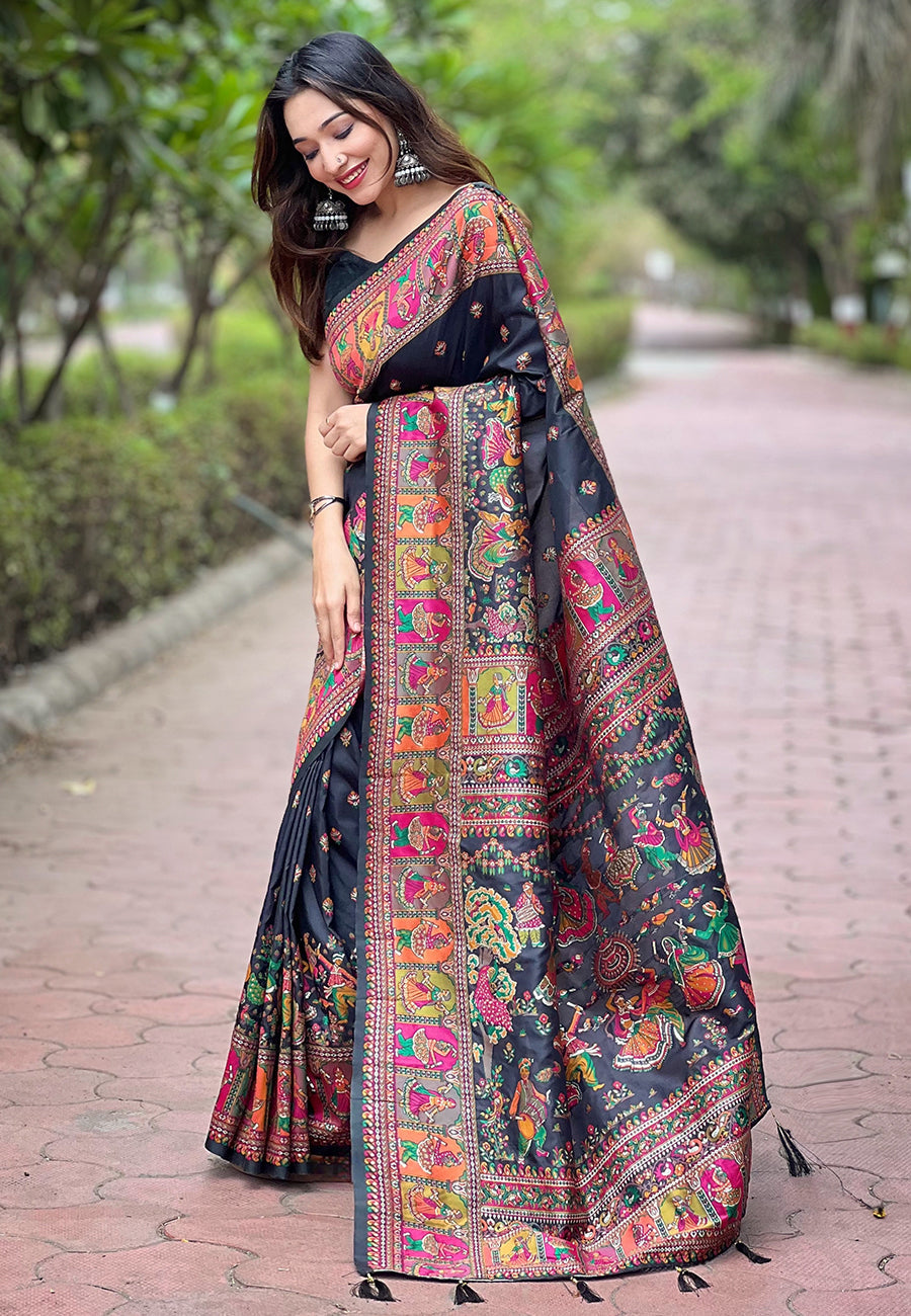 Jade Black Pahsmina Kashmiri Silk Zari Woven Saree