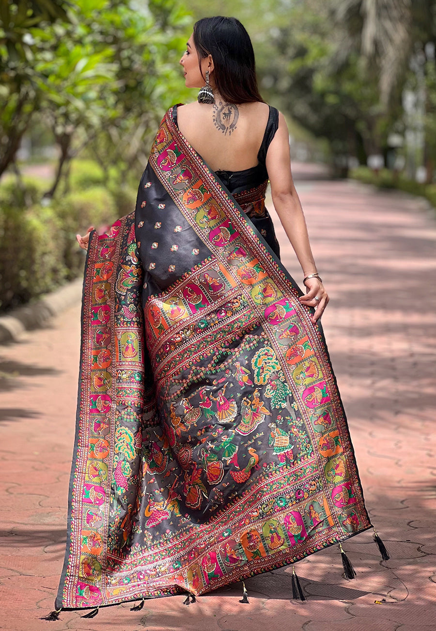 Jade Black Pahsmina Kashmiri Silk Zari Woven Saree