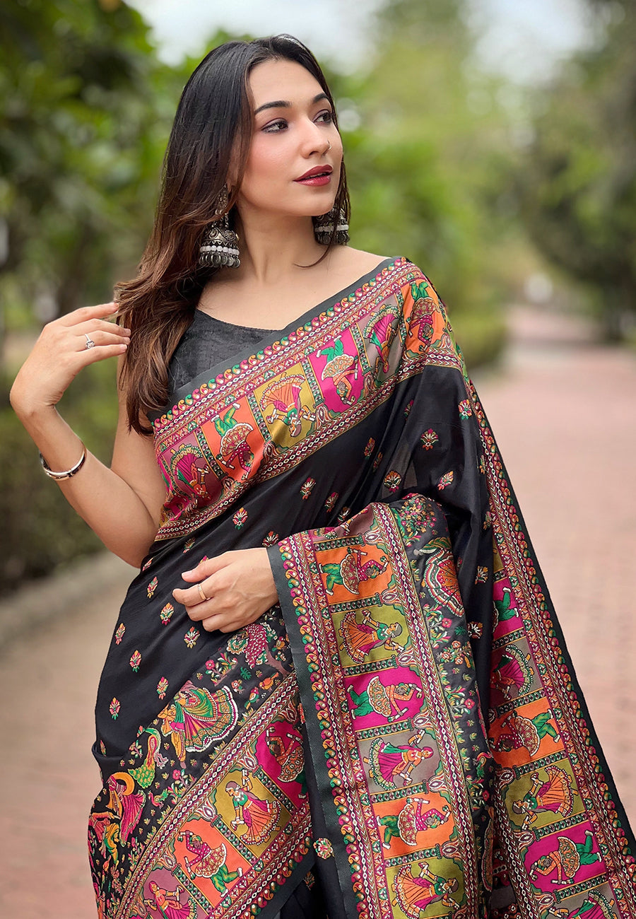 Jade Black Pahsmina Kashmiri Silk Zari Woven Saree