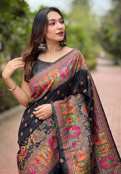 Jade Black Pahsmina Kashmiri Silk Zari Woven Saree