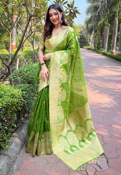 Parrot Green Organza Floral Rainbow Zari Woven Unique Saree with Unstitched Blouse