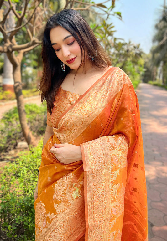 Orange Organza Floral Rainbow Zari Woven Unique Saree with Unstitched Blouse