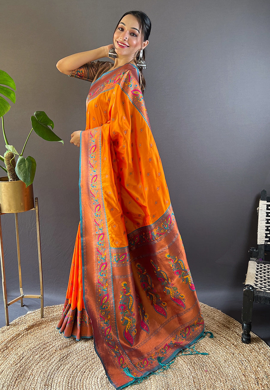 Orange Original Maharashtrian Meenakari Yeola Paithani Silk Zari Woven Saree