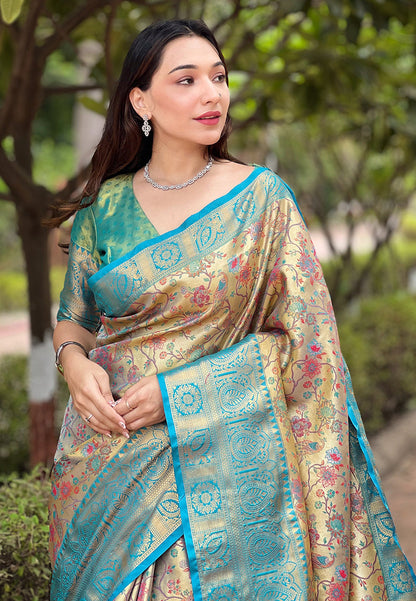 Sea Green Original Dharmavaram Silk Traditional Zari Woven Saree
