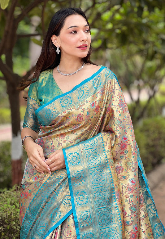 Sea Green Original Dharmavaram Silk Traditional Zari Woven Saree