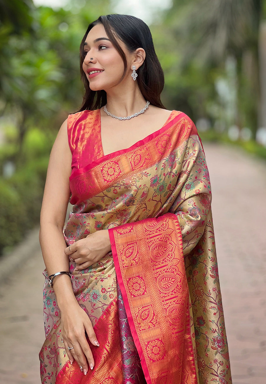 Pink Original Dharmavaram Silk Traditional Zari Woven Saree