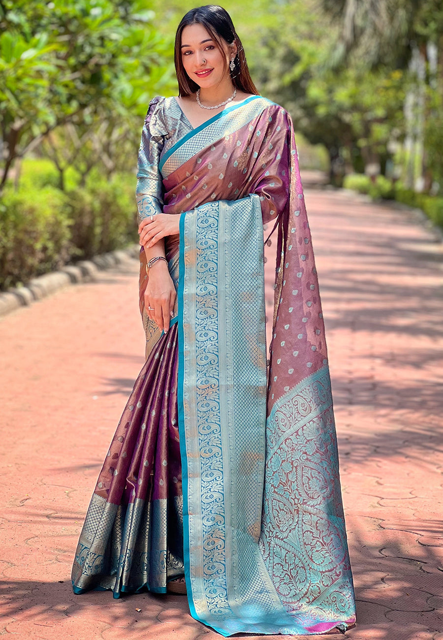 Purple Kanchipuram Tissue Silk Traditional Zari Woven Saree