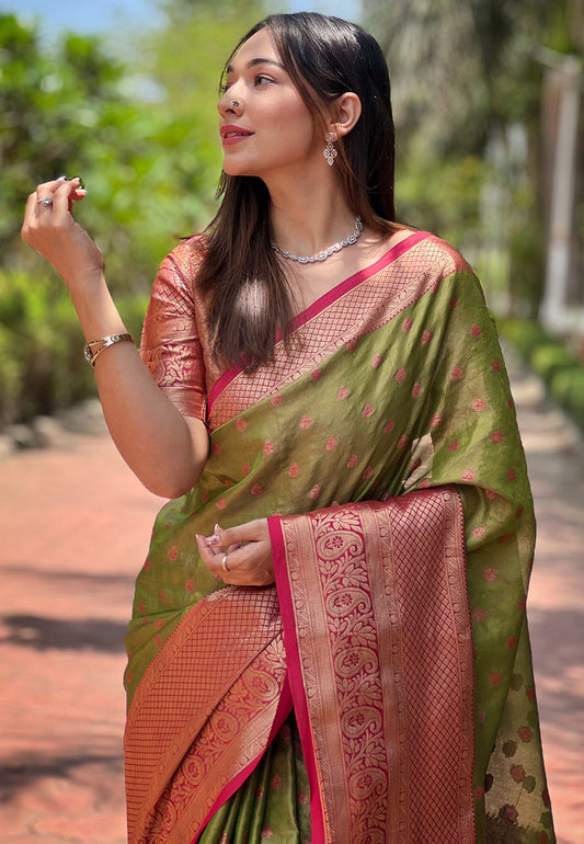 Drab Green Kanchipuram Tissue Silk Traditional Zari Woven Saree