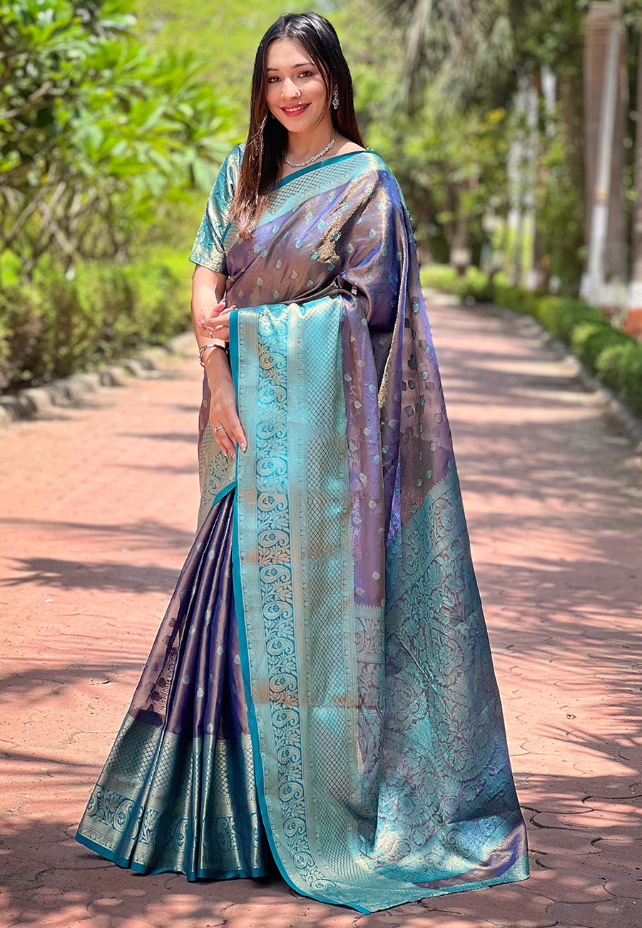 Navy Blue Kanchipuram Tissue Silk Traditional Zari Woven Saree