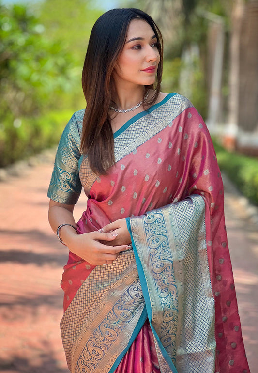 Peach Kanchipuram Tissue Silk Traditional Zari Woven Saree