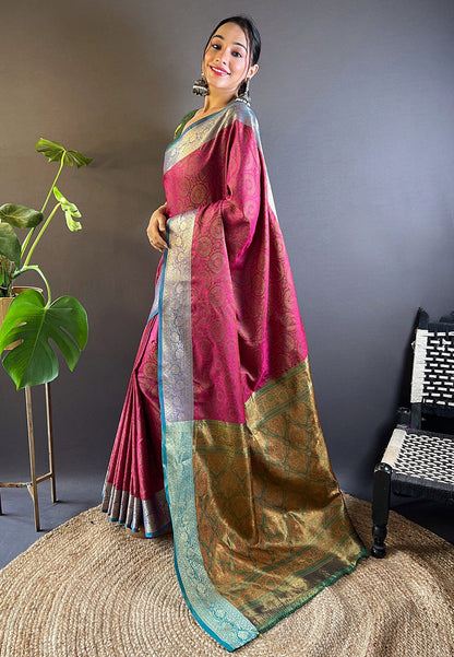 Pink Soft Kashmiri Silk Zari Woven Contrast Saree