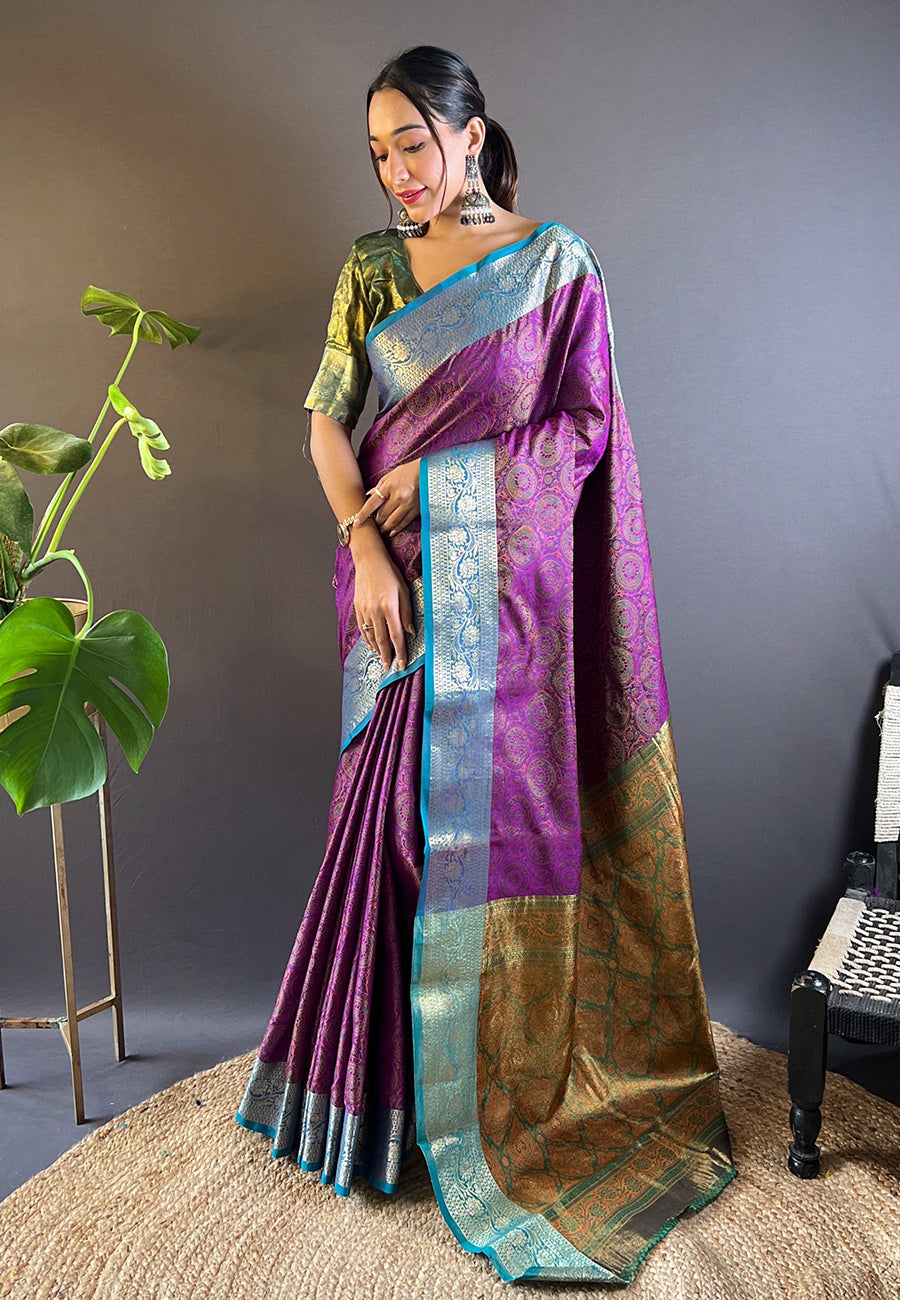 Purple Soft Kashmiri Silk Zari Woven Contrast Saree