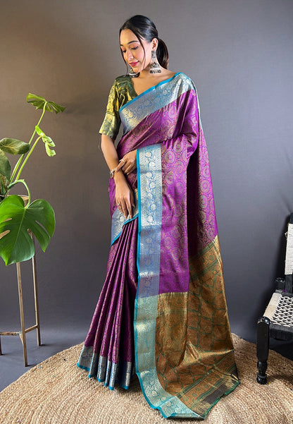 Purple Soft Kashmiri Silk Zari Woven Contrast Saree
