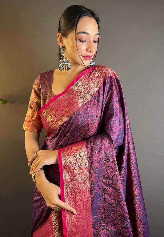 Violet Soft Kashmiri Silk Zari Woven Contrast Saree