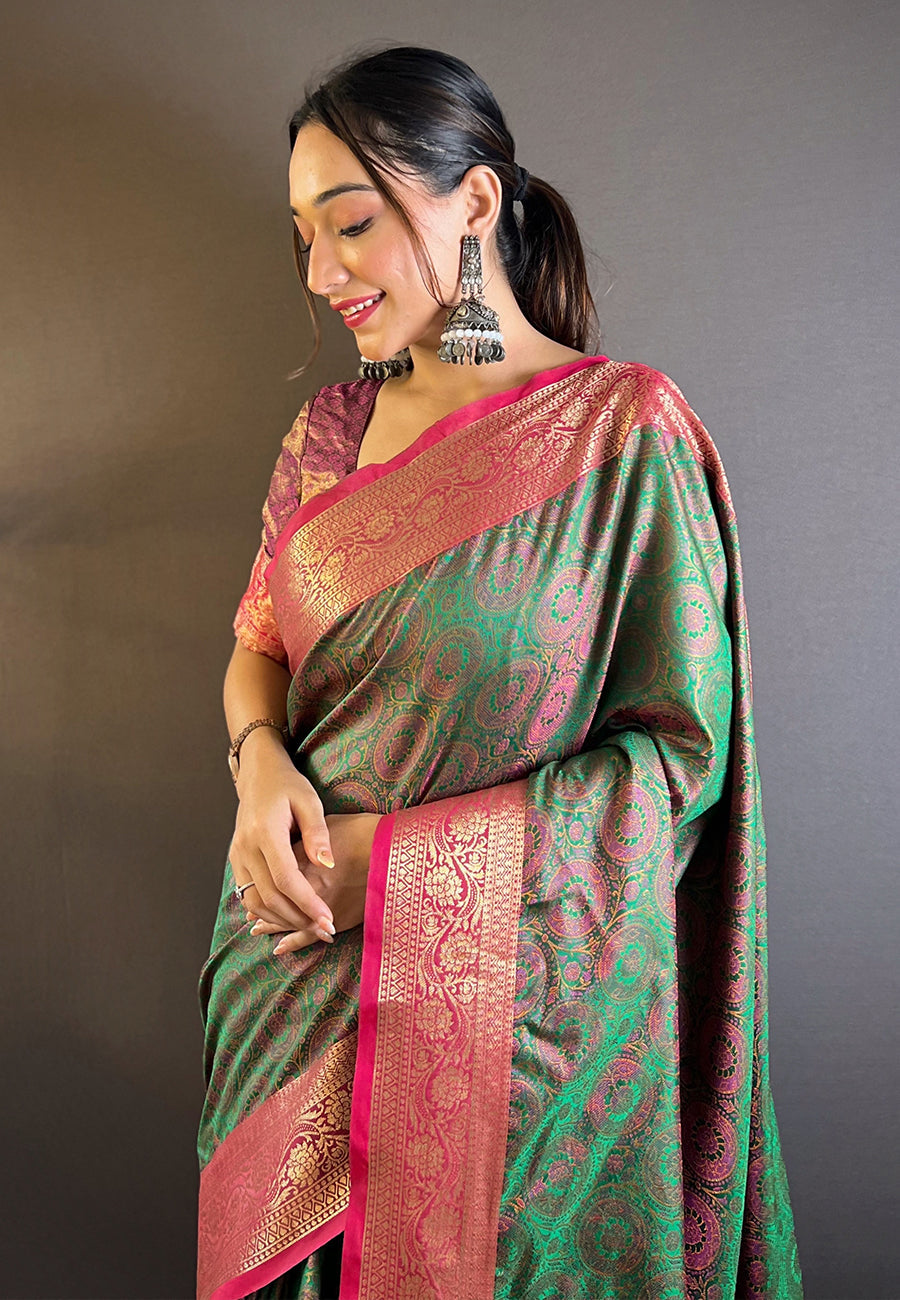 Green Soft Kashmiri Silk Zari Woven Contrast Saree
