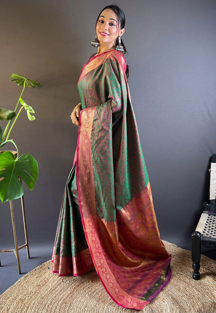 Green Soft Kashmiri Silk Zari Woven Contrast Saree