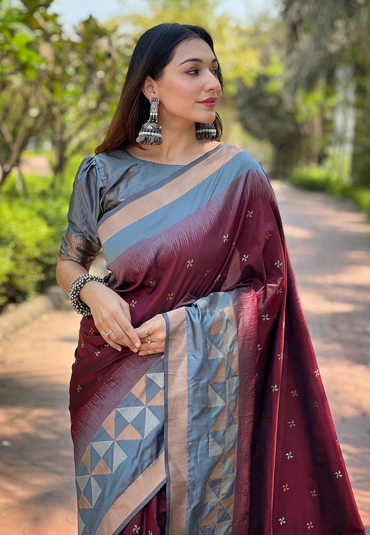 Maroon Soft Silk Floral Border Contrast Zari Woven Saree