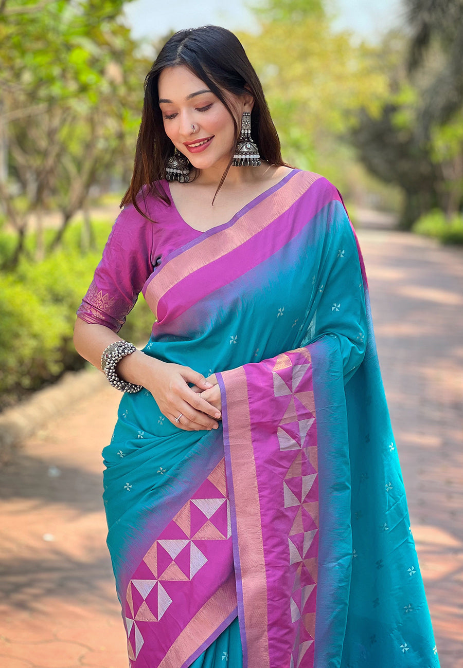 Sky Blue Soft Silk Floral Border Contrast Zari Woven Saree