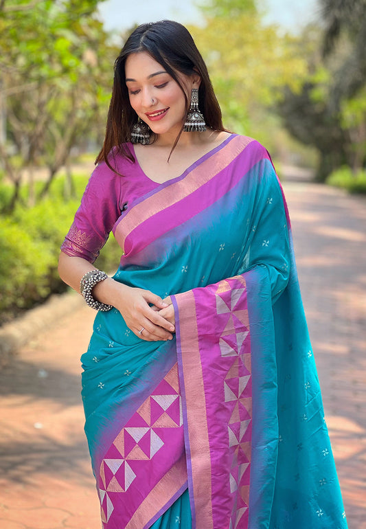Sky Blue Soft Silk Floral Border Contrast Zari Woven Saree