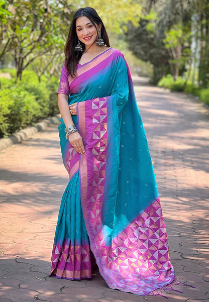 Sky Blue Soft Silk Floral Border Contrast Zari Woven Saree