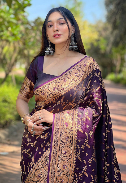 Dark Magenta Banarasi Jaal Katan Silk Zari Woven Saree