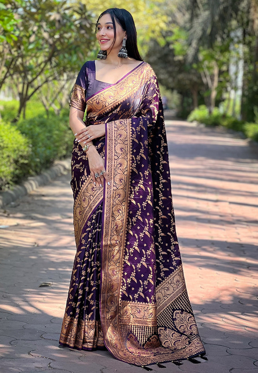Dark Magenta Banarasi Jaal Katan Silk Zari Woven Saree