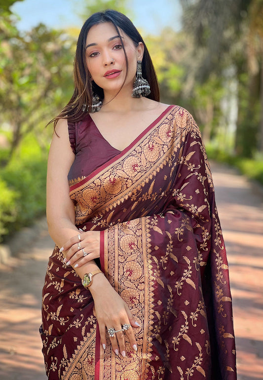 Dark Maroon Banarasi Jaal Katan Silk Zari Woven Saree