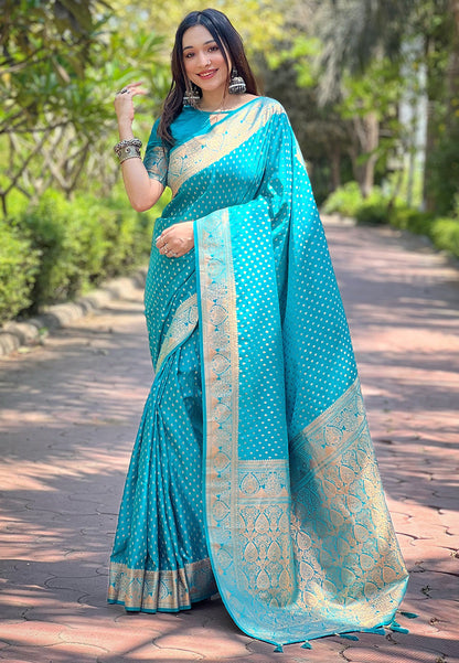 Pacific Blue Banarasi Katan Silk Zari Woven Saree