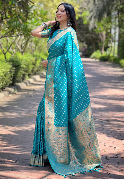 Pacific Blue Banarasi Katan Silk Zari Woven Saree