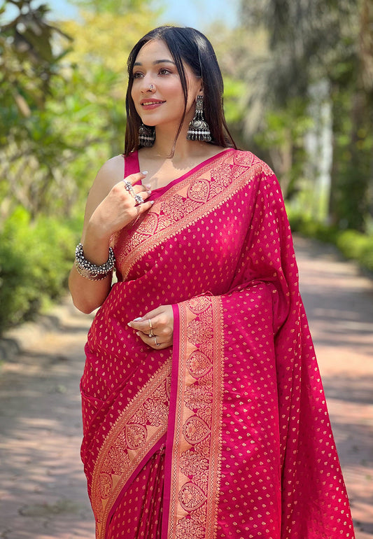 Hot Pink Banarasi Katan Silk Zari Woven Saree