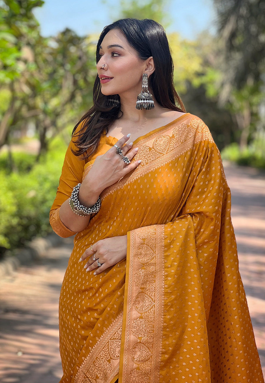 Mustard Banarasi Katan Silk Zari Woven Saree