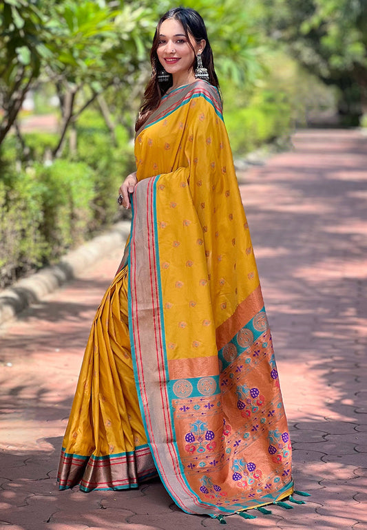 Gold Contrast Zari Woven Peacock Yeola Paithani Silk Saree