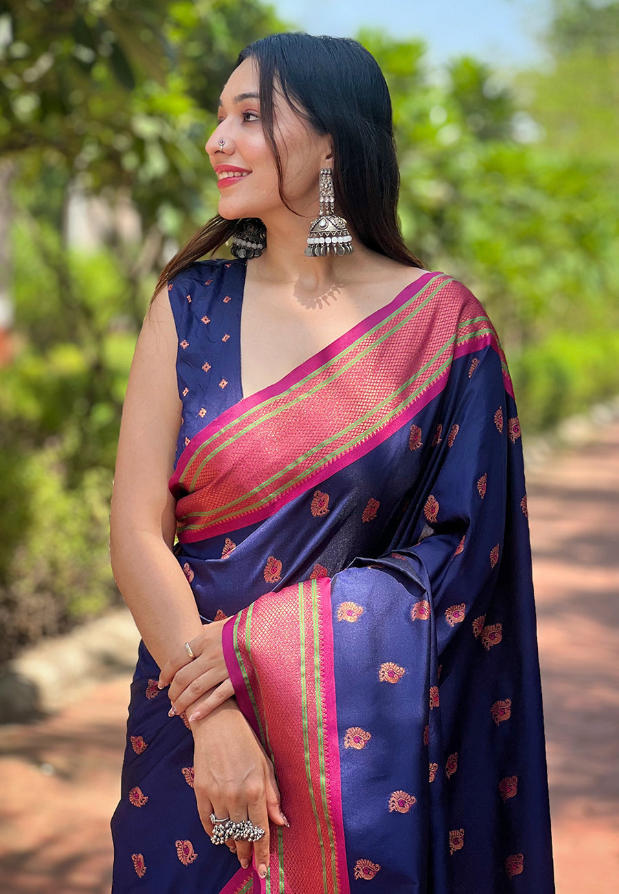 Navy Blue Contrast Zari Woven Peacock Yeola Paithani Silk Saree