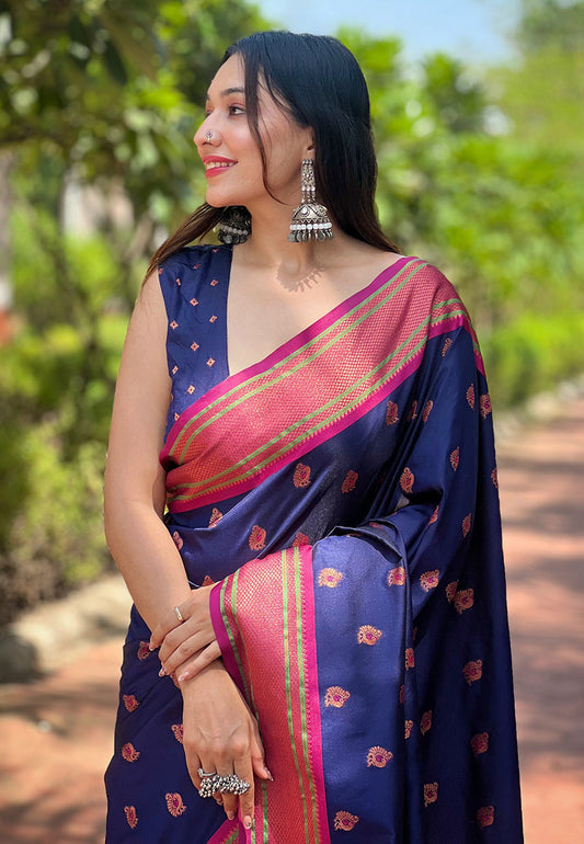 Navy Blue Contrast Zari Woven Peacock Yeola Paithani Silk Saree