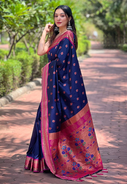 Navy Blue Contrast Zari Woven Peacock Yeola Paithani Silk Saree