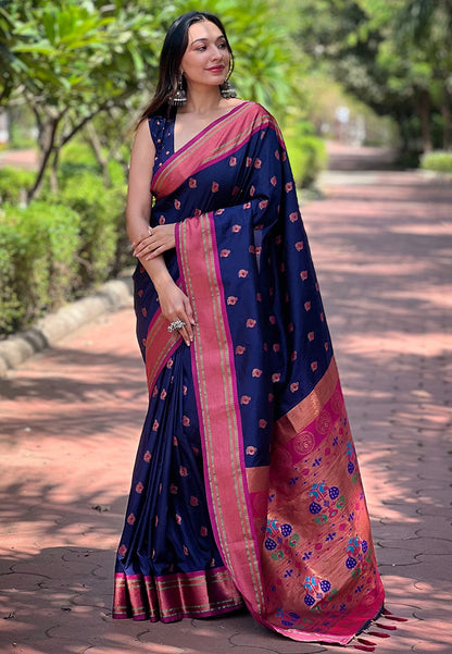 Navy Blue Contrast Zari Woven Peacock Yeola Paithani Silk Saree