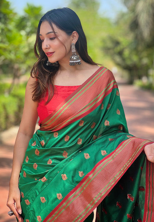 Green Contrast Zari Woven Peacock Yeola Paithani Silk Saree
