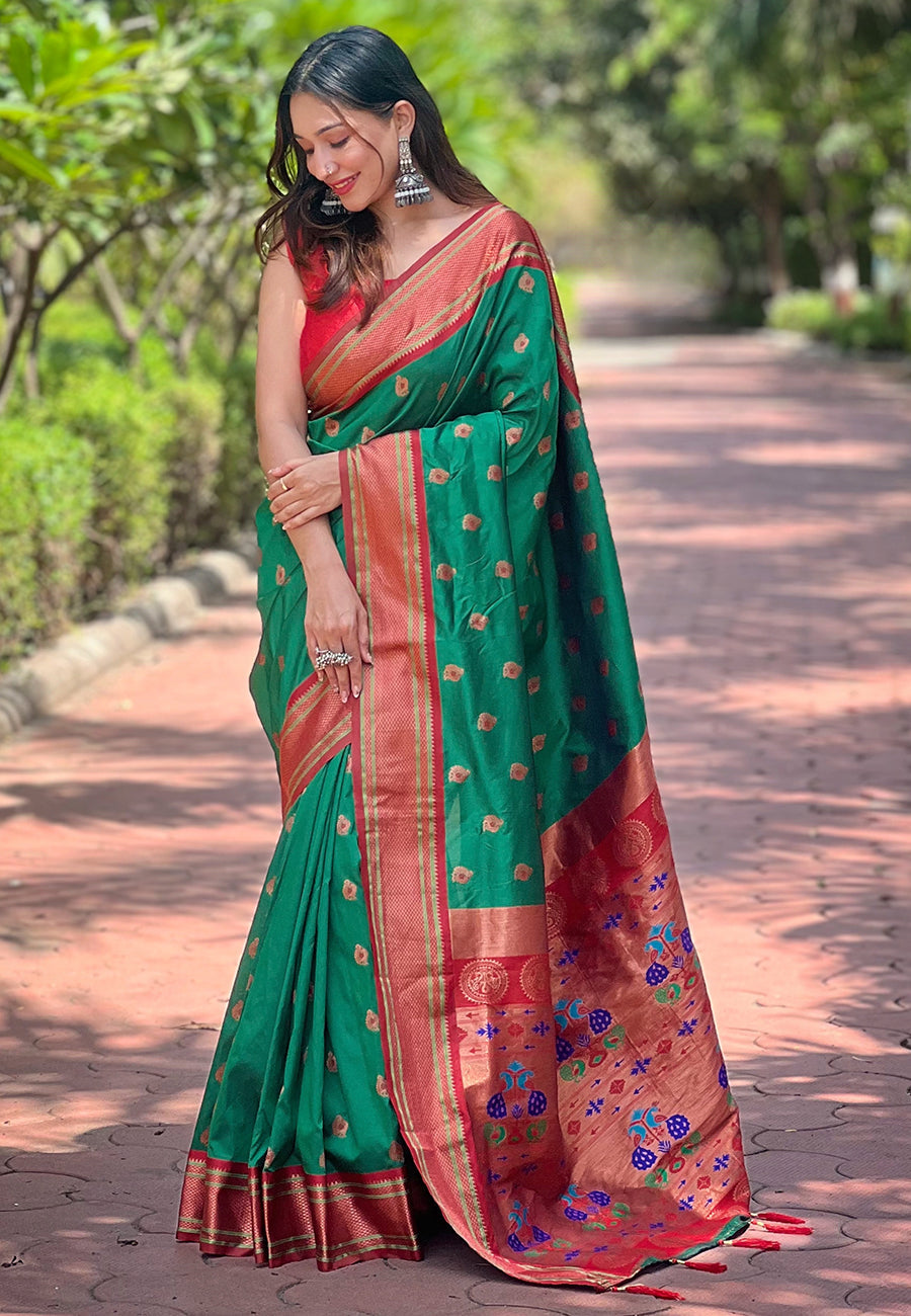 Green Contrast Zari Woven Peacock Yeola Paithani Silk Saree